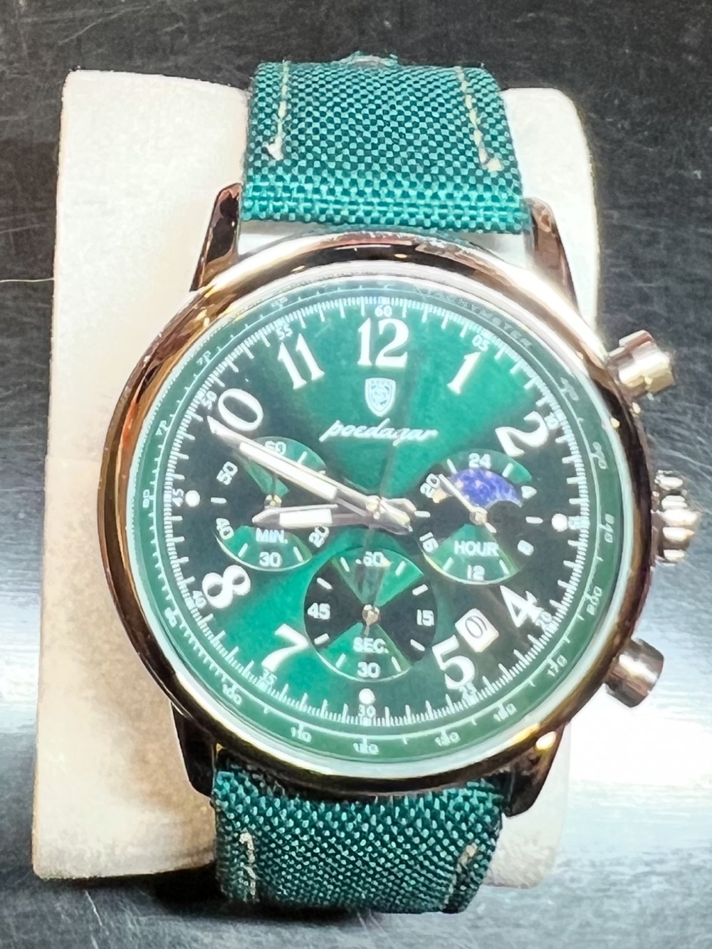 NEW! Poedagar Green Dial Chronograph Watch with Green Nylon Strap - Picture 2 of 3